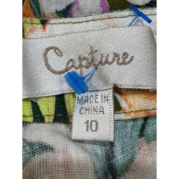 Capture Women Dress Size 10 Green Orange Yellow Floral Linen Viscose Pockets - Picture 5 of 7